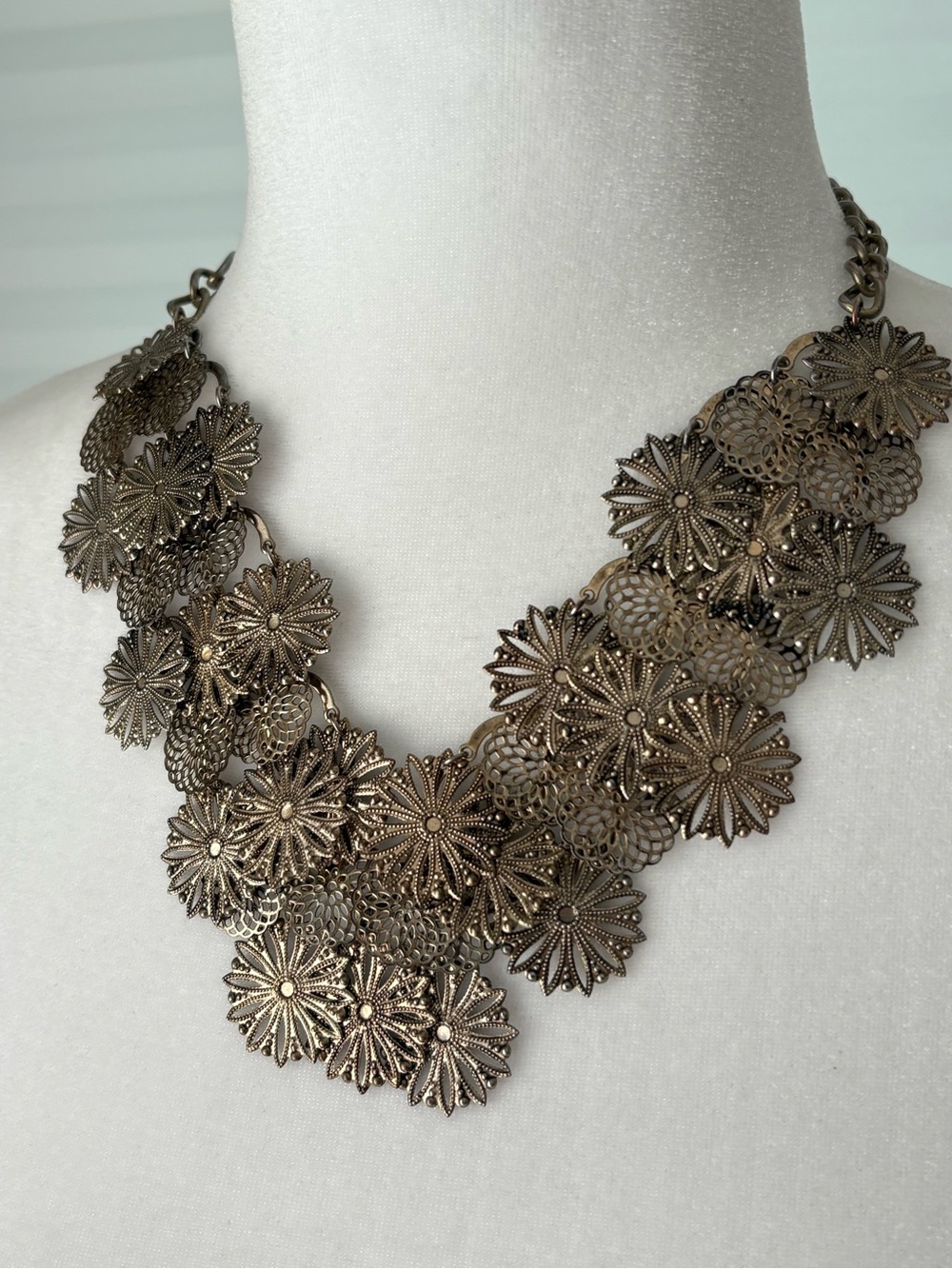 Vintage Delicate Floral Statement Necklace in Antique Burnished Gold Finish - Picture 2 of 5